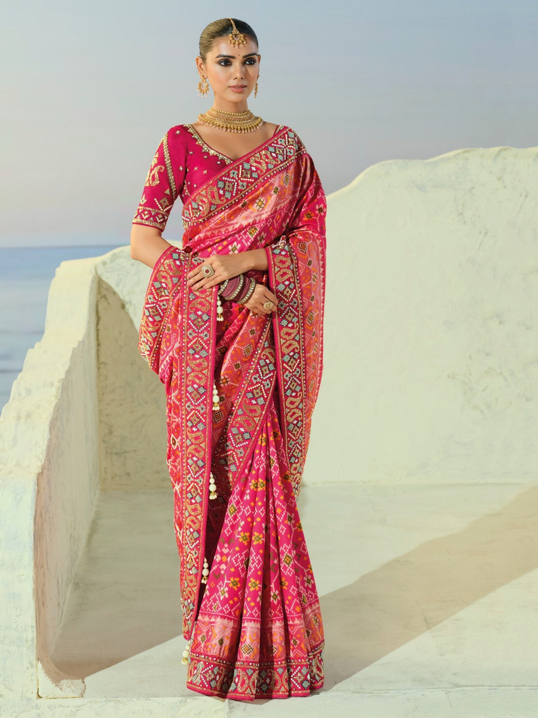 Charming Pink Beads Work Silk Wedding Wear Patan Patola Style Saree