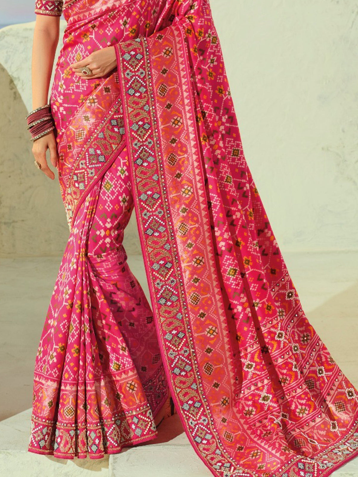 Charming Pink Beads Work Silk Wedding Wear Patan Patola Style Saree