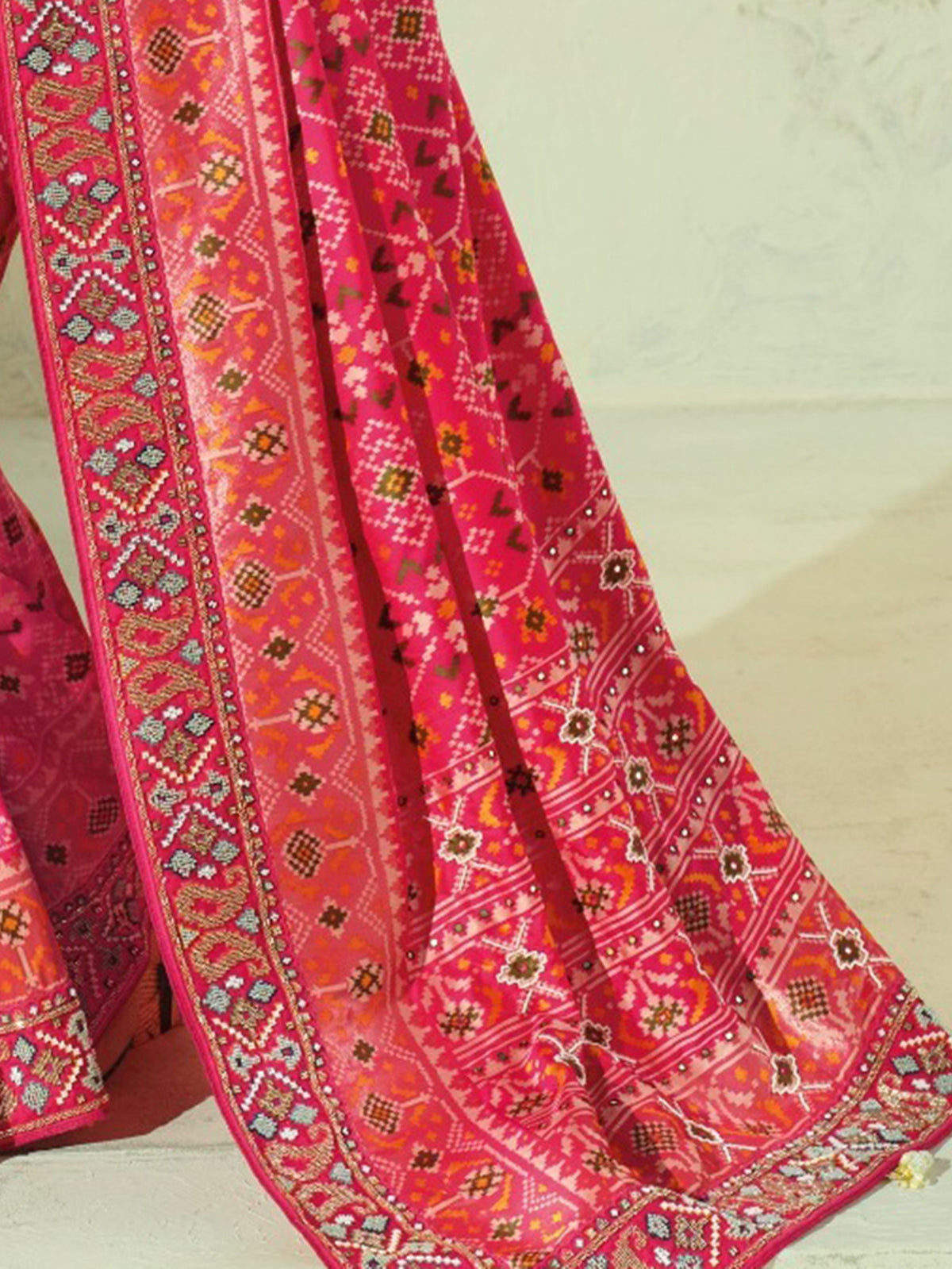 Charming Pink Beads Work Silk Wedding Wear Patan Patola Style Saree