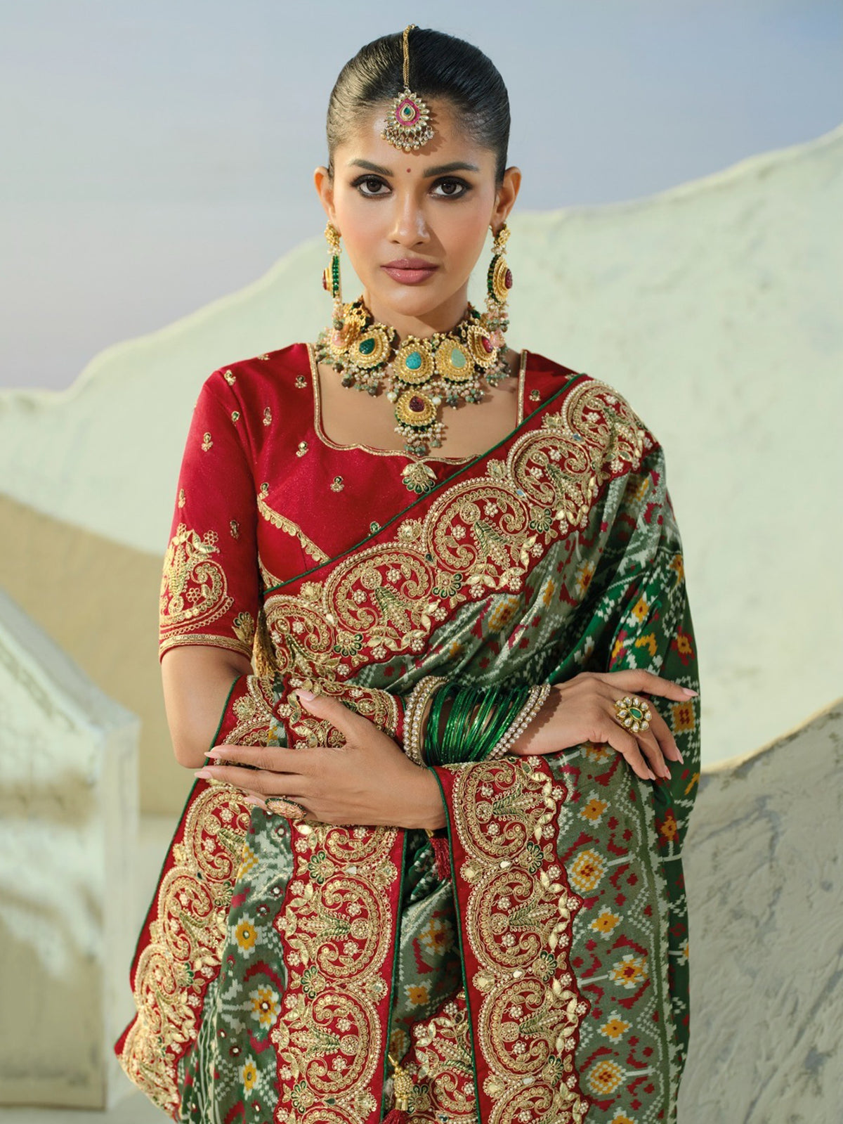Elegant Green Handwork Silk Wedding Wear Patan Patola Style Saree