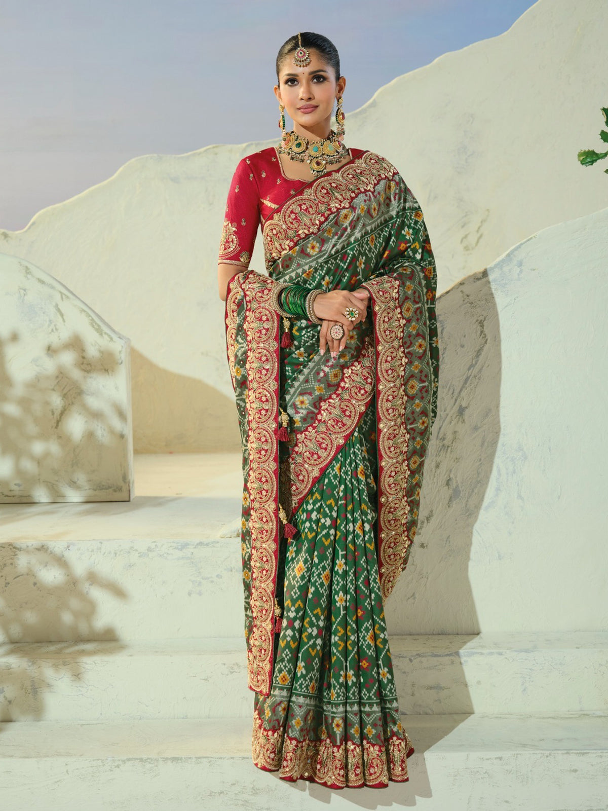 Elegant Green Handwork Silk Wedding Wear Patan Patola Style Saree