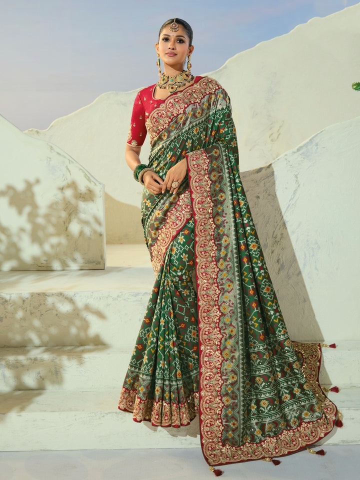 Elegant Green Handwork Silk Wedding Wear Patan Patola Style Saree