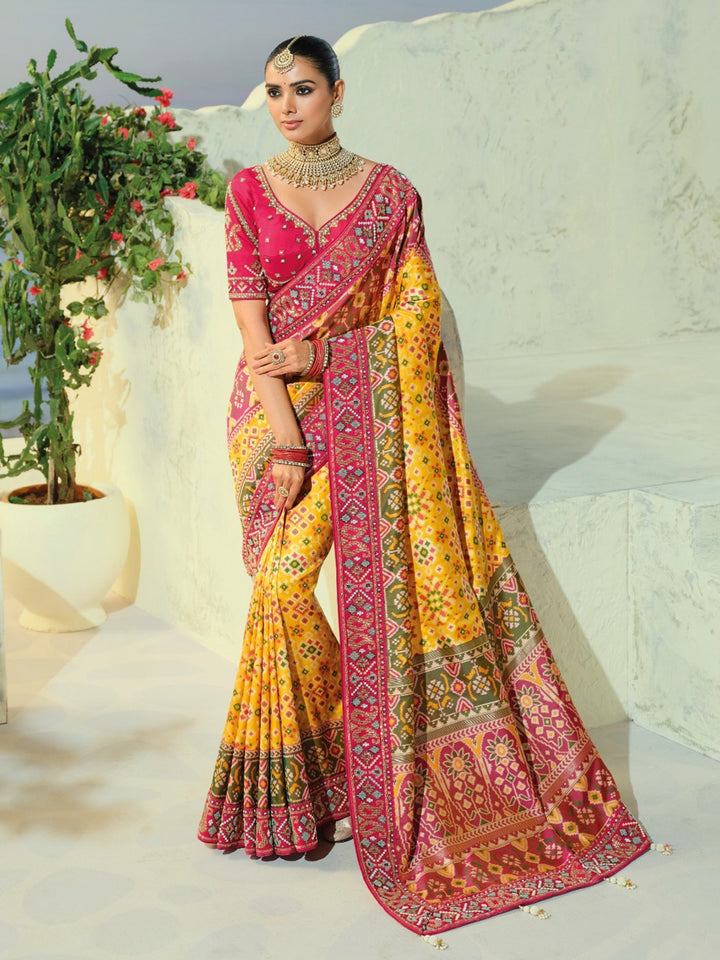 Glowy Yellow Beads Work Silk Marriage Wear Patan Patola Style Saree