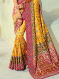 Glowy Yellow Beads Work Silk Marriage Wear Patan Patola Style Saree