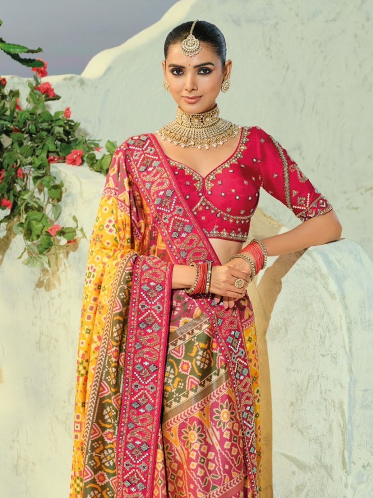 Glowy Yellow Beads Work Silk Marriage Wear Patan Patola Style Saree