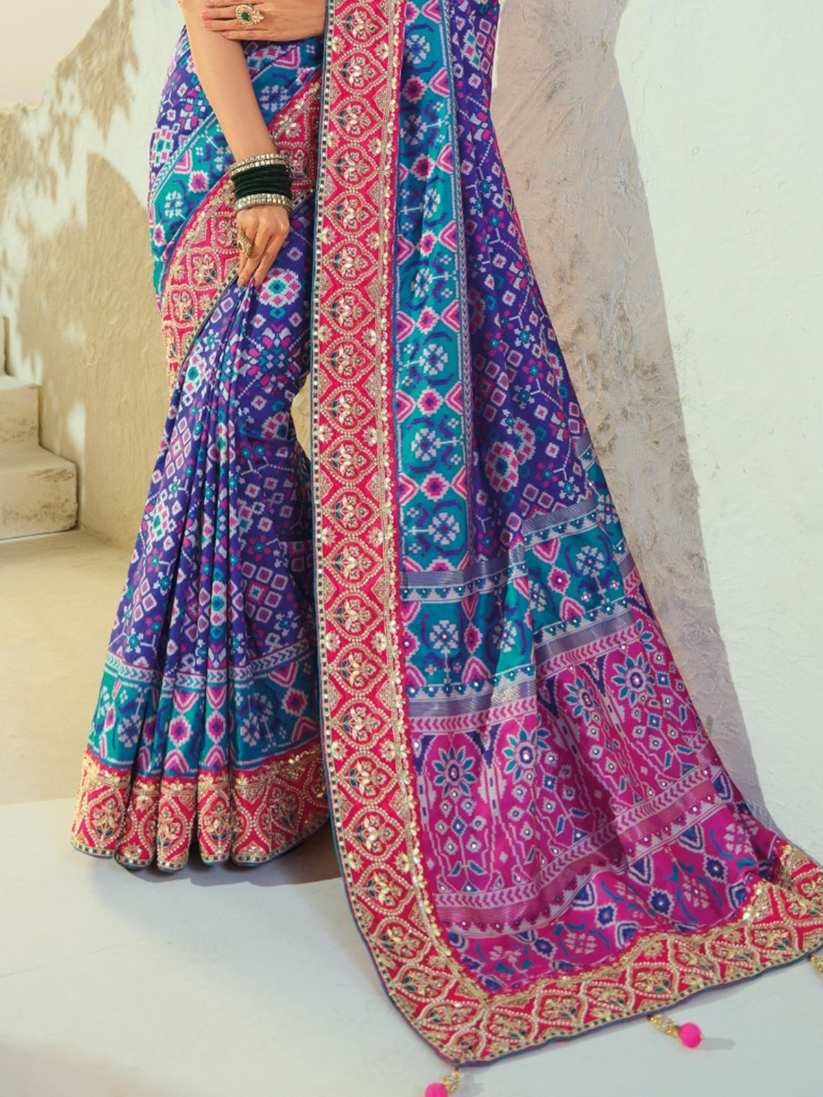 Stunning Blue Handwork Silk Wedding Wear Patan Patola Style Saree