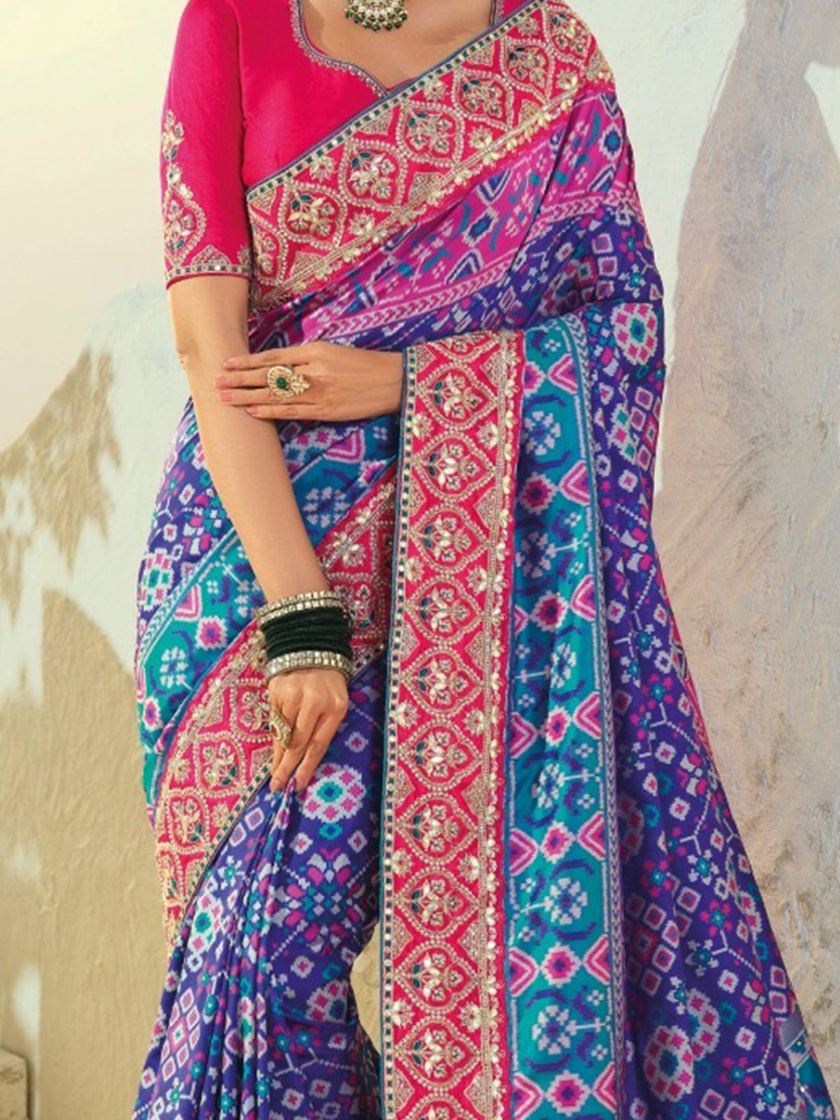 Stunning Blue Handwork Silk Wedding Wear Patan Patola Style Saree