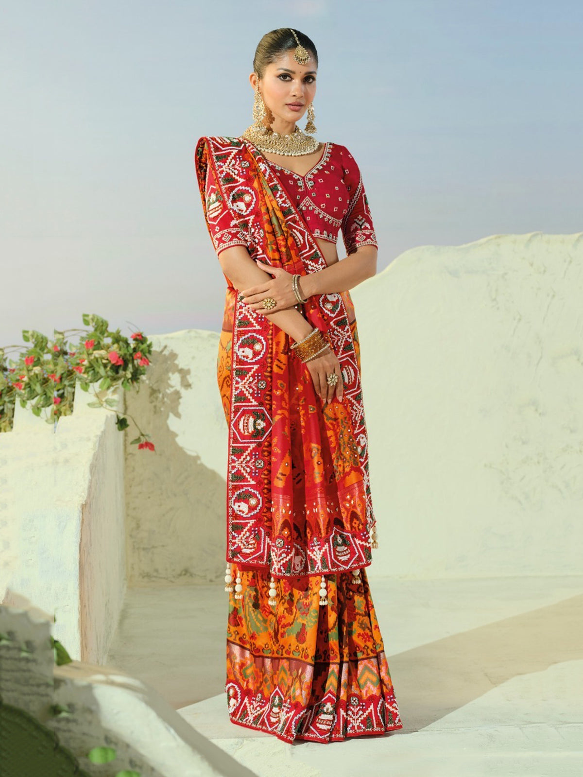 Grand Orange Beads Work Silk Wedding Wear Patan Patola Style Saree