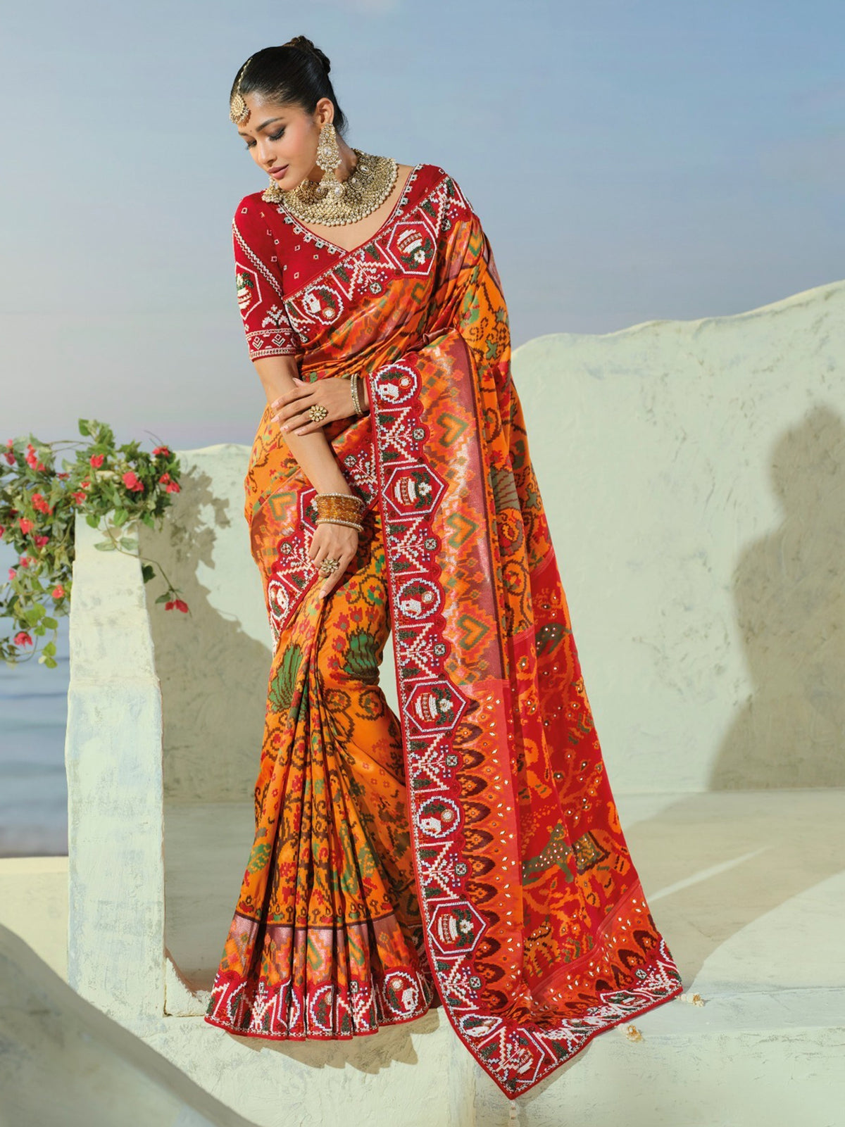 Grand Orange Beads Work Silk Wedding Wear Patan Patola Style Saree