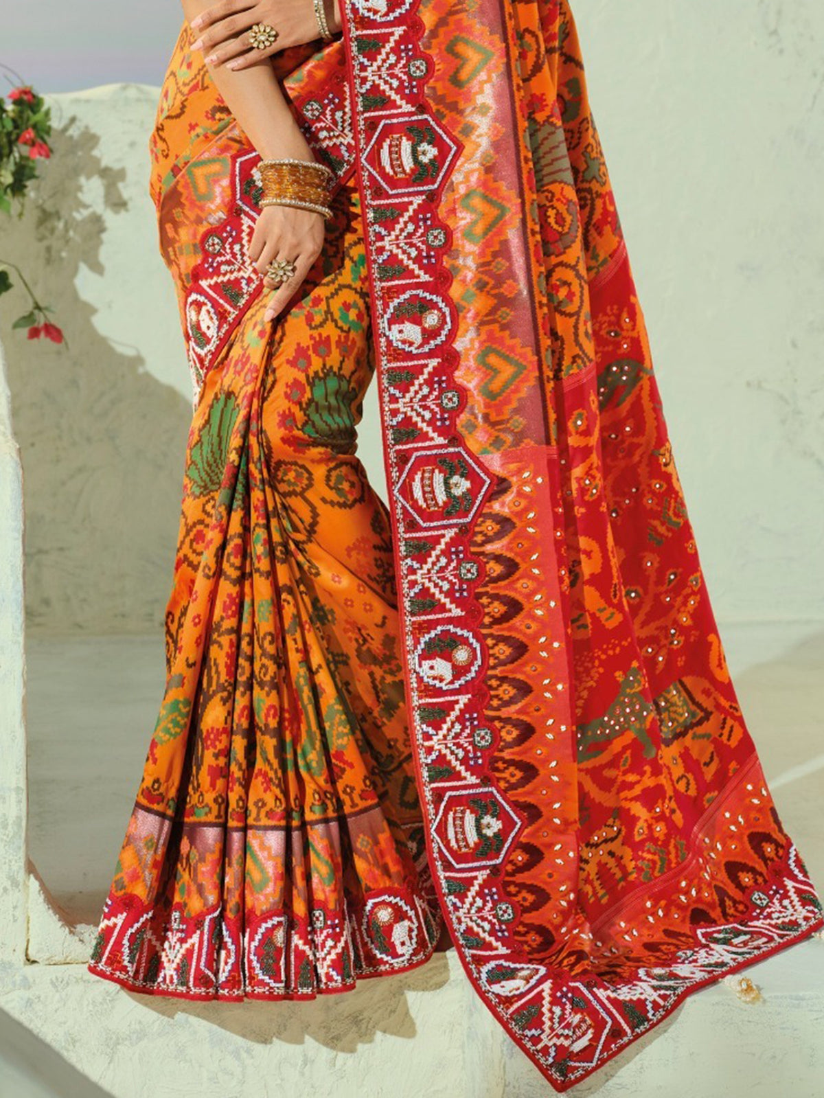 Grand Orange Beads Work Silk Wedding Wear Patan Patola Style Saree