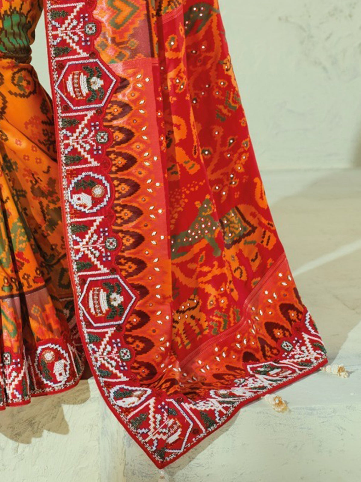 Grand Orange Beads Work Silk Wedding Wear Patan Patola Style Saree