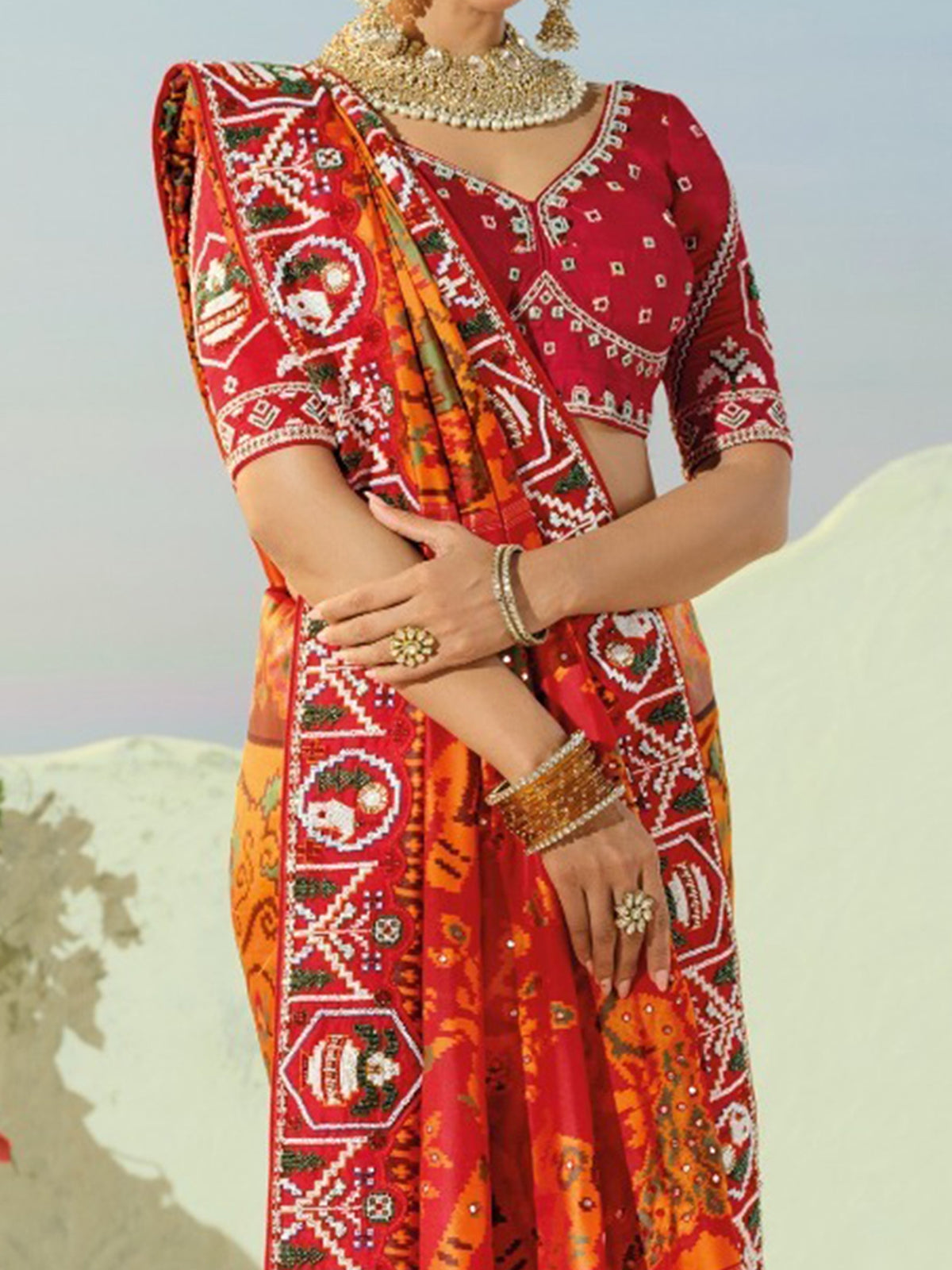 Grand Orange Beads Work Silk Wedding Wear Patan Patola Style Saree