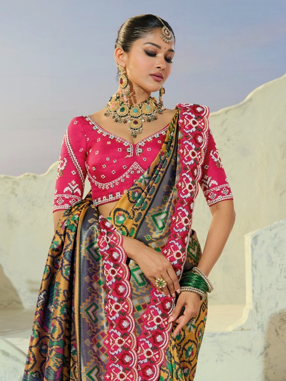 Lovely Mustard Beads Work Silk Wedding Wear Patan Patola Style Saree