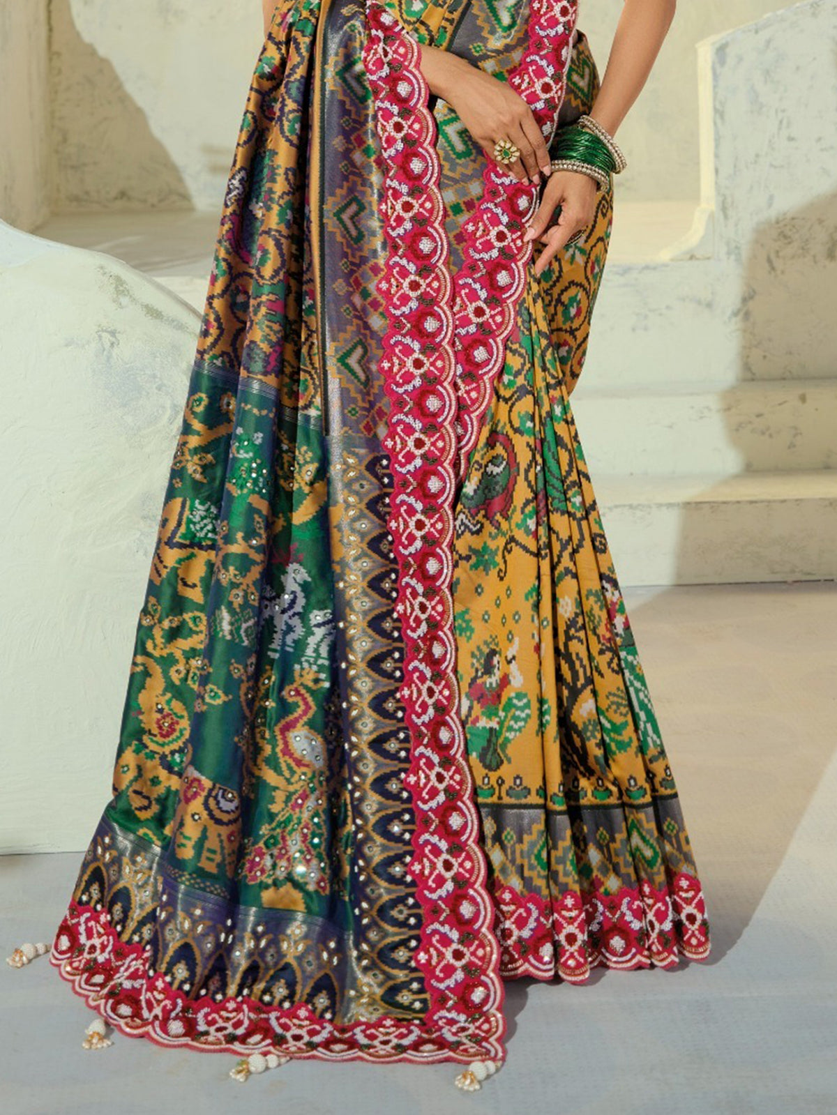 Lovely Mustard Beads Work Silk Wedding Wear Patan Patola Style Saree