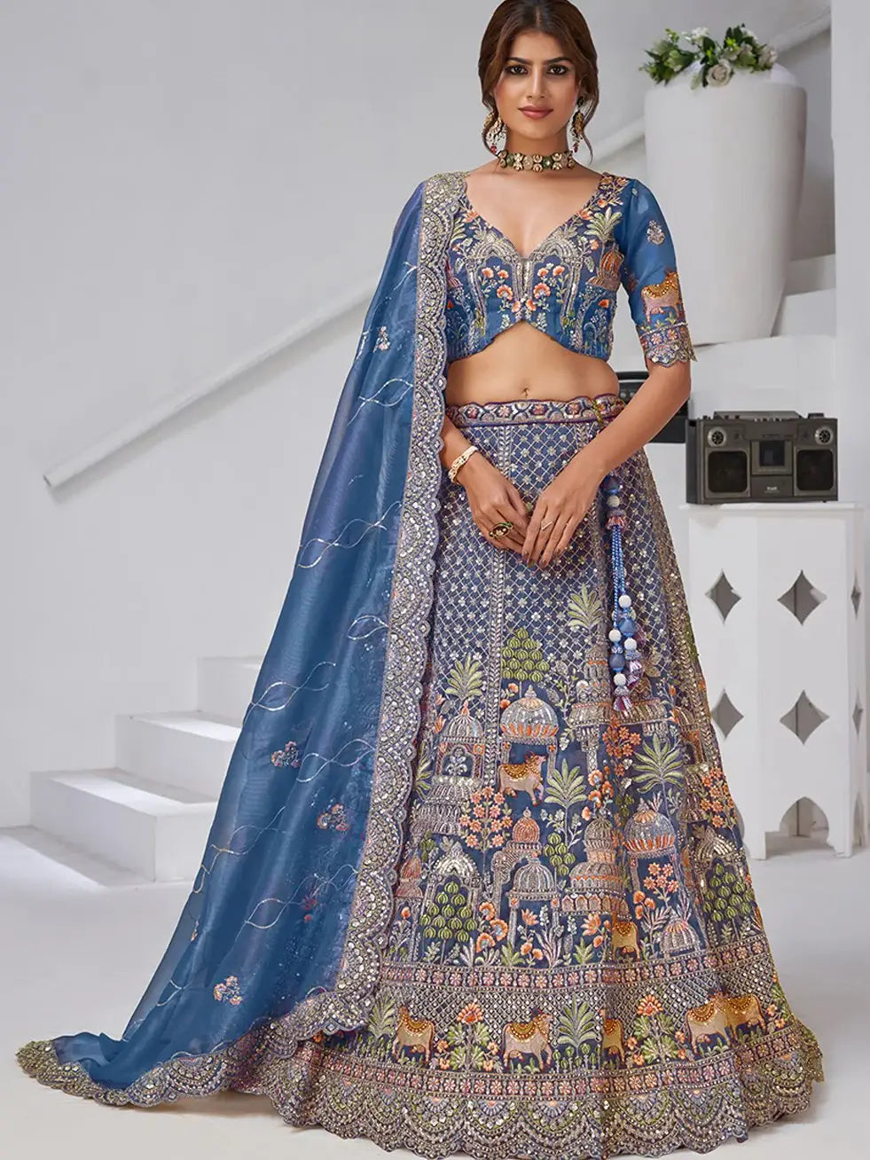 Charming Navy Blue Zari Embroidered Organza Engagement Wear Lehenga Choli