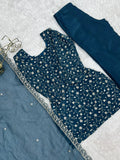 Stunning Teal Blue Embroidered Silk Function Wear Suit With Dupatta