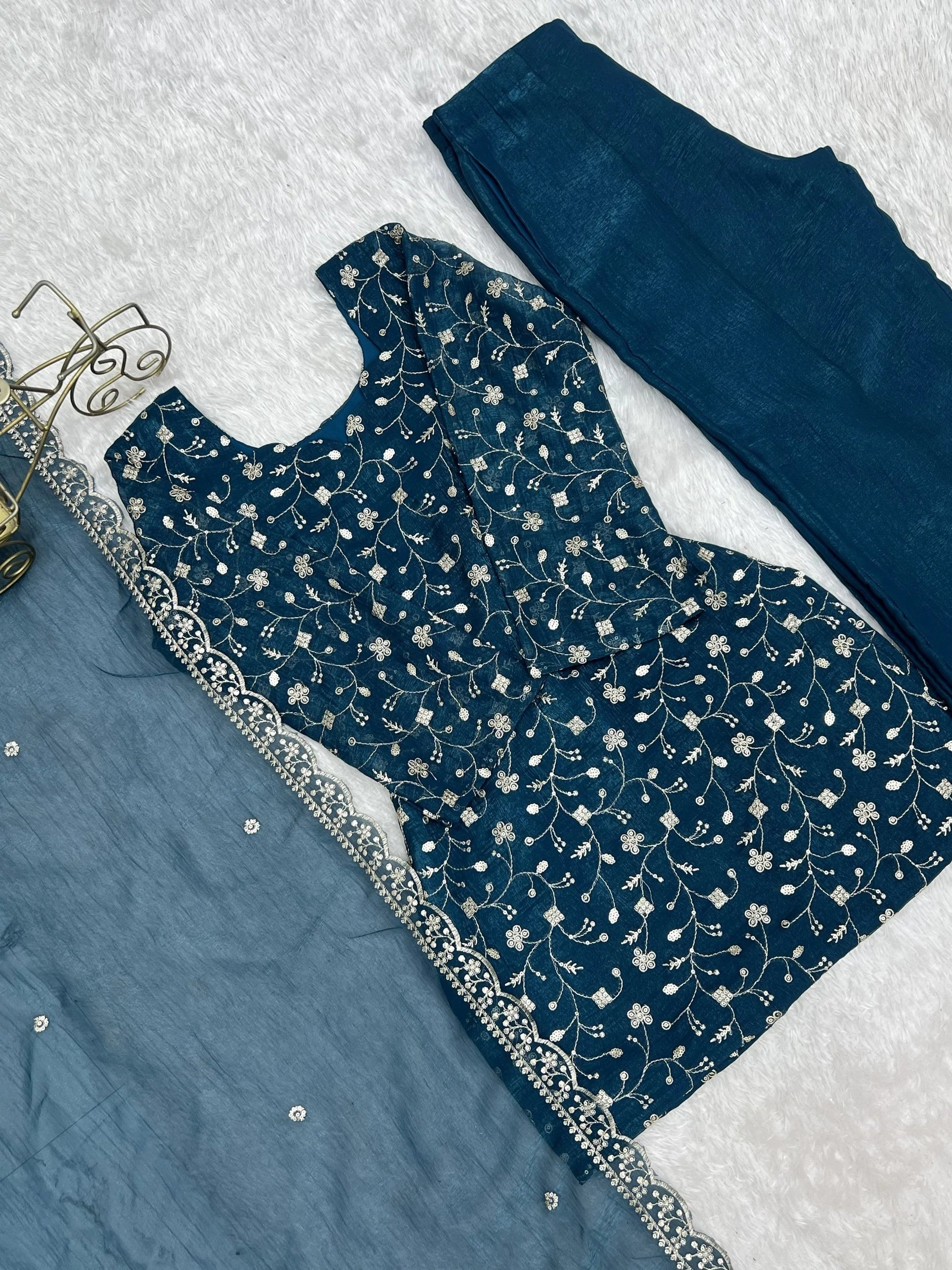 Stunning Teal Blue Embroidered Silk Function Wear Suit With Dupatta