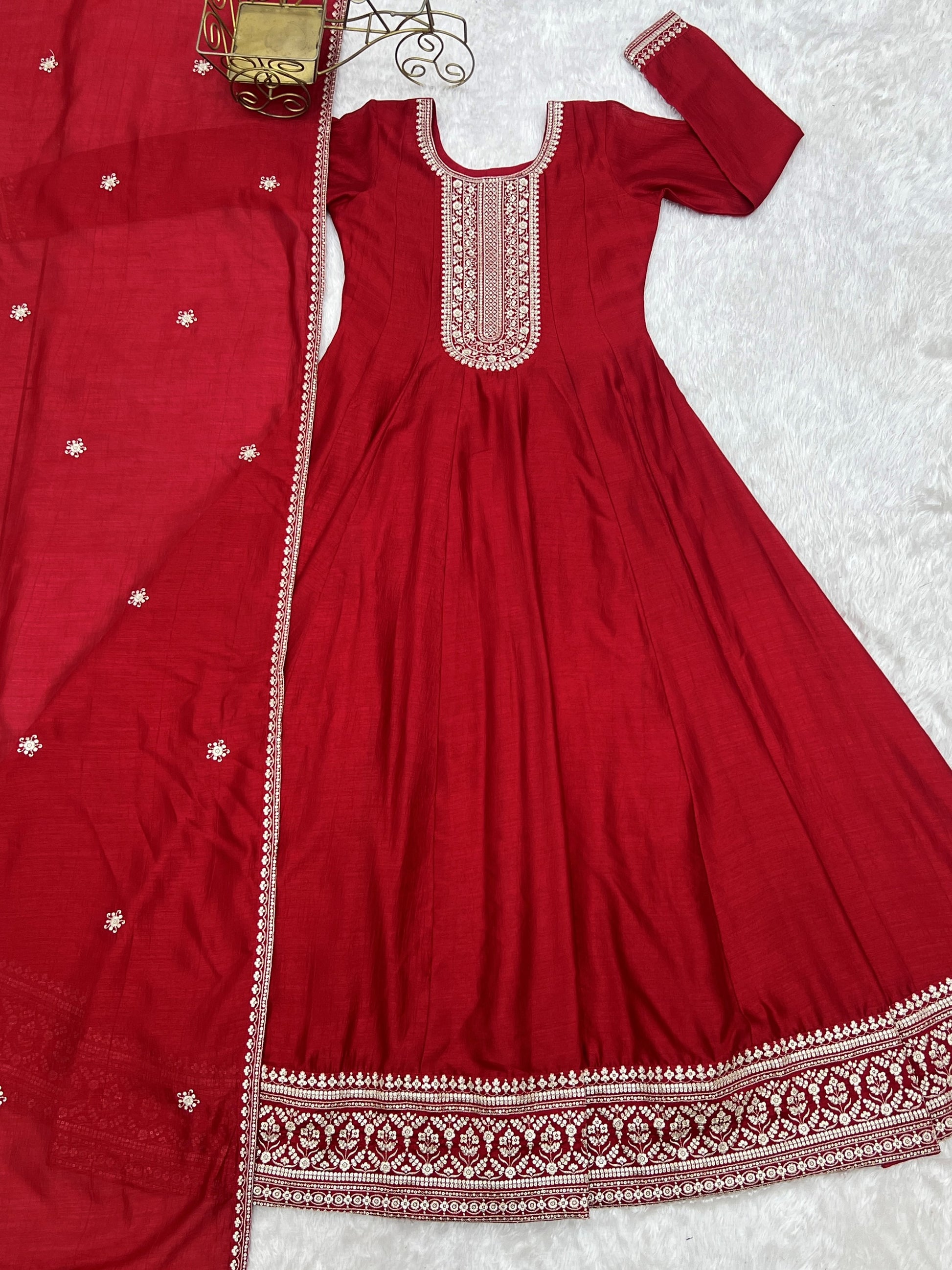 Wonderful Red Embroidered Silk Festival Wear Gown With Dupatta
