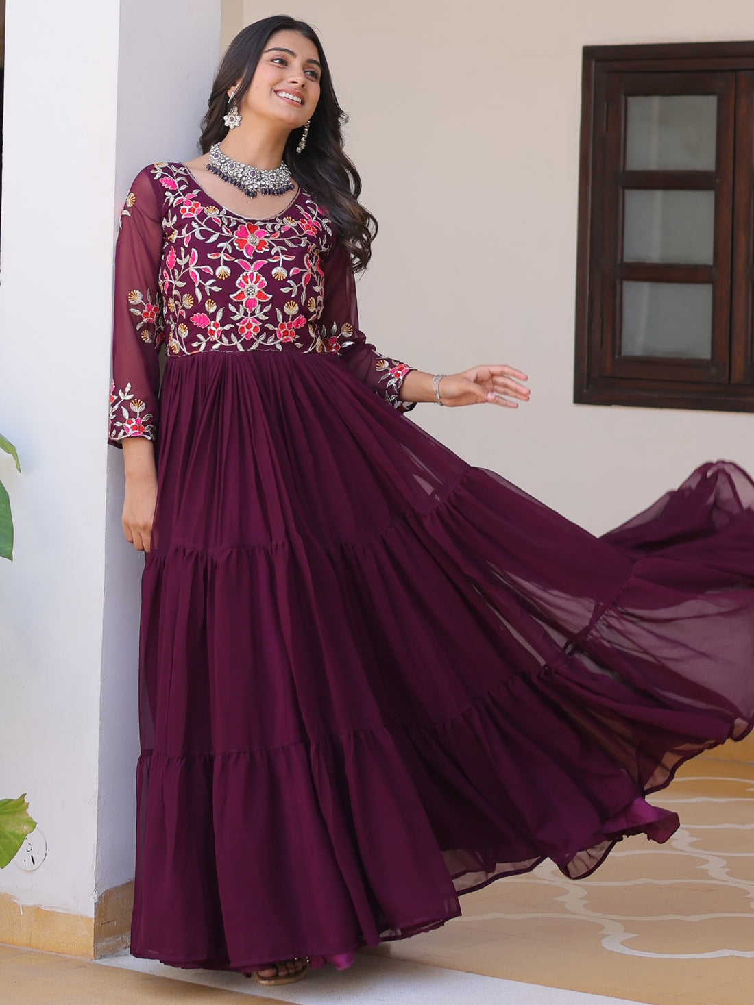Beautiful Wine Thread Work Georgette Casual Wear Anarkali Gown