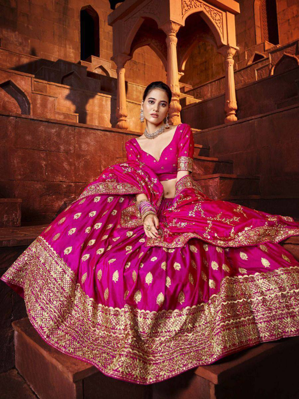 Beautiful Hot Pink Sequins Silk Wedding Lehenga Choli With Dupatta