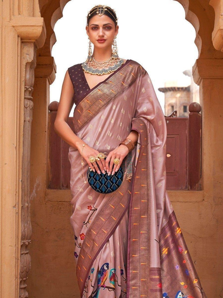 Captivating Russet Brown Paithani Printed Carnival Wear Silk Saree