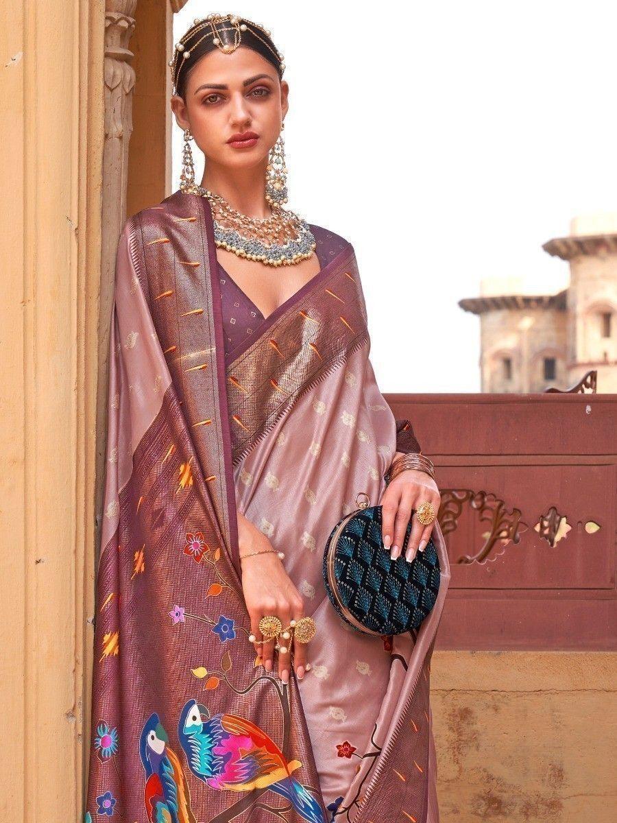 Captivating Russet Brown Paithani Printed Carnival Wear Silk Saree