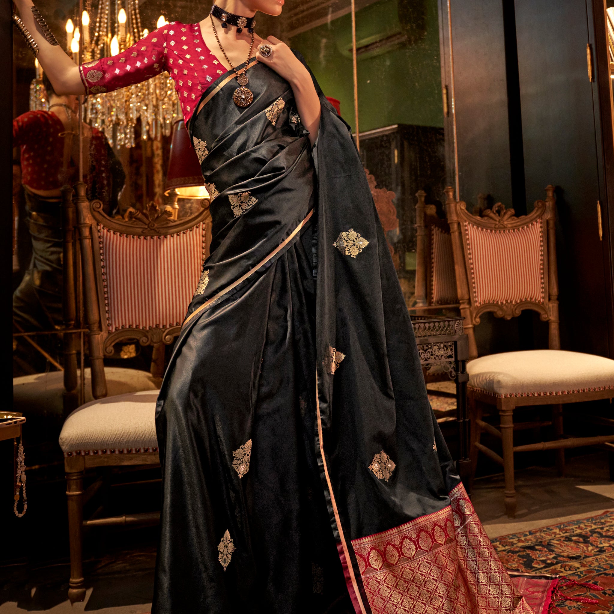 Ravishing Black Zari Weaving Satin Reception Wear Saree With Blouse