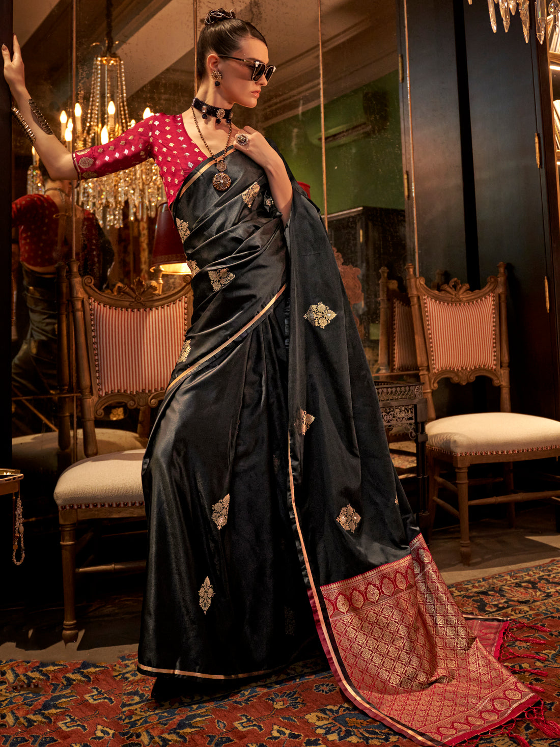 Ravishing Black Zari Weaving Satin Reception Wear Saree With Blouse