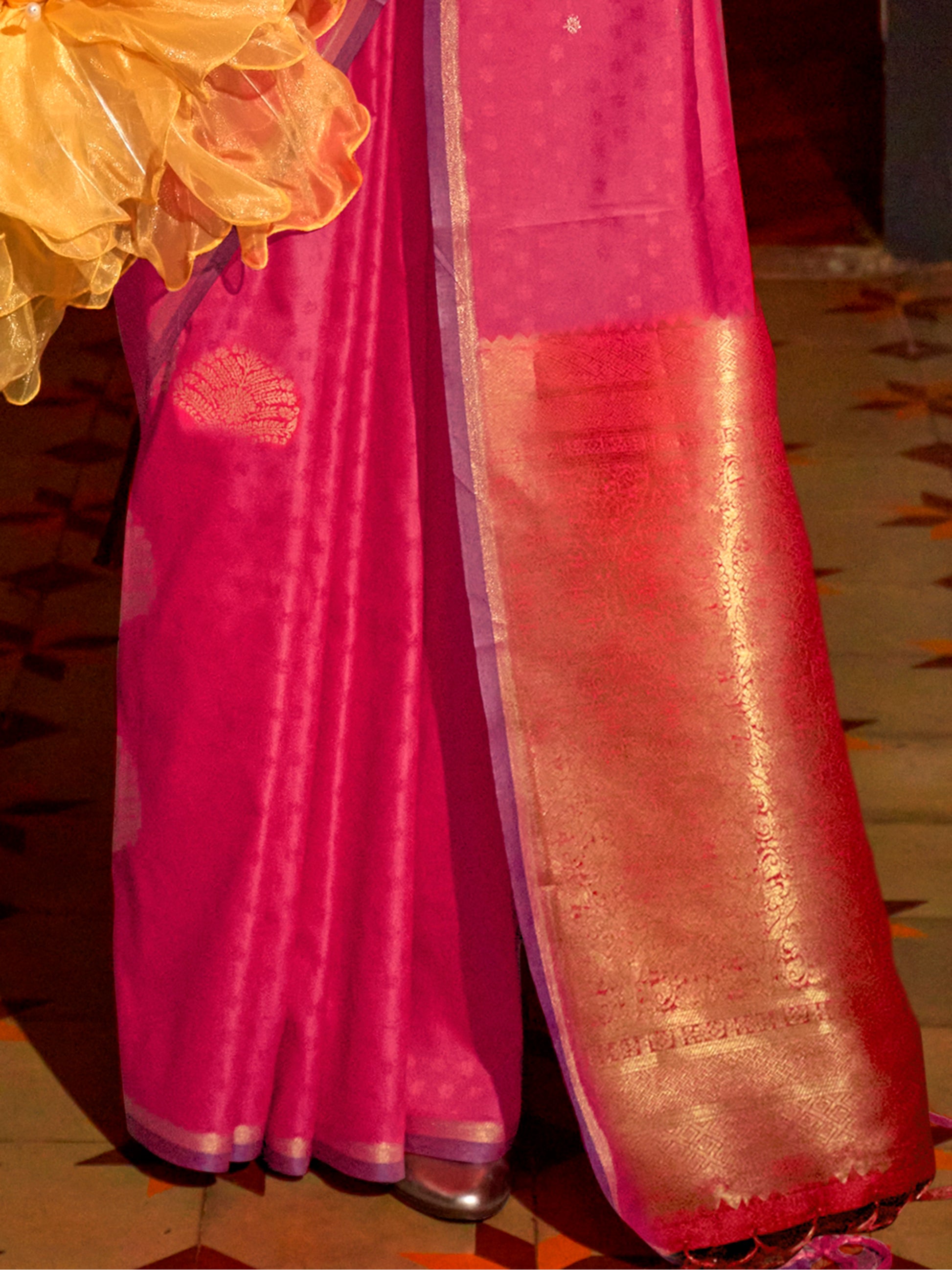 Alluring Pink Zari Weaving Silk Event Wear Saree With Blouse