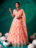 Elegant Peach Floral Printed Silk Event Wear Lehenga Choli