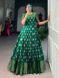 Enchanting Green Zari Woven Cotton Festive Wear Gown