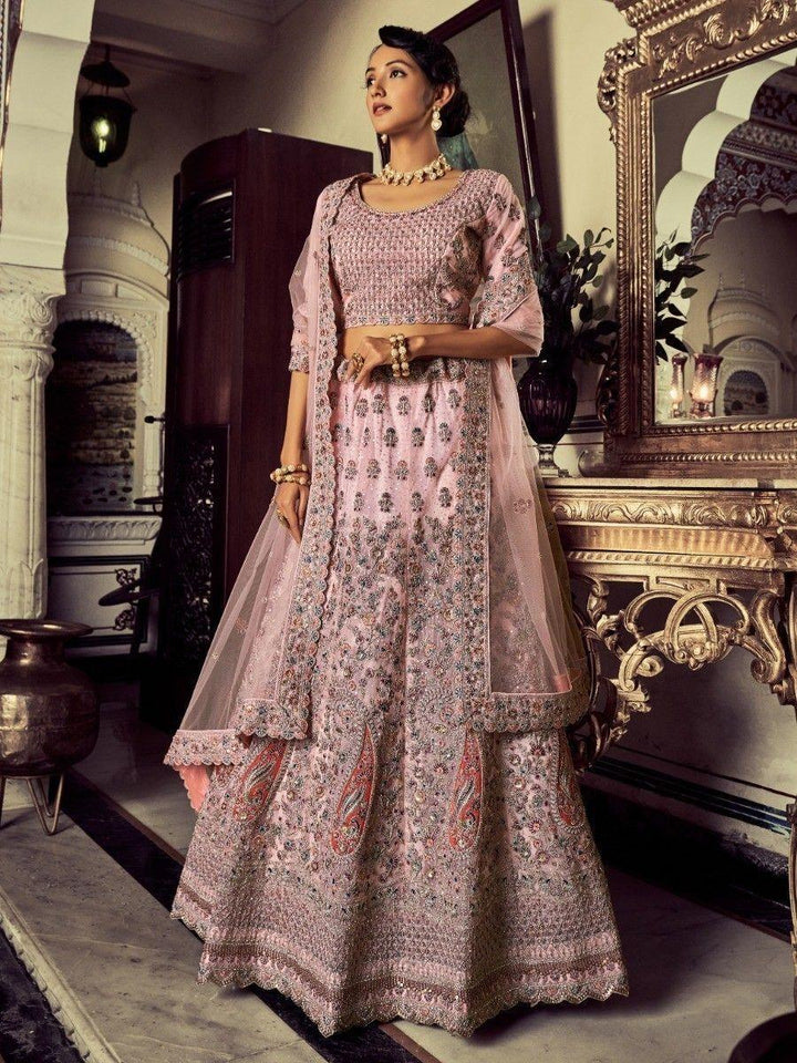 Fascinating Pink Embroidered  Soft Net Festive Wear Lehenga Choli