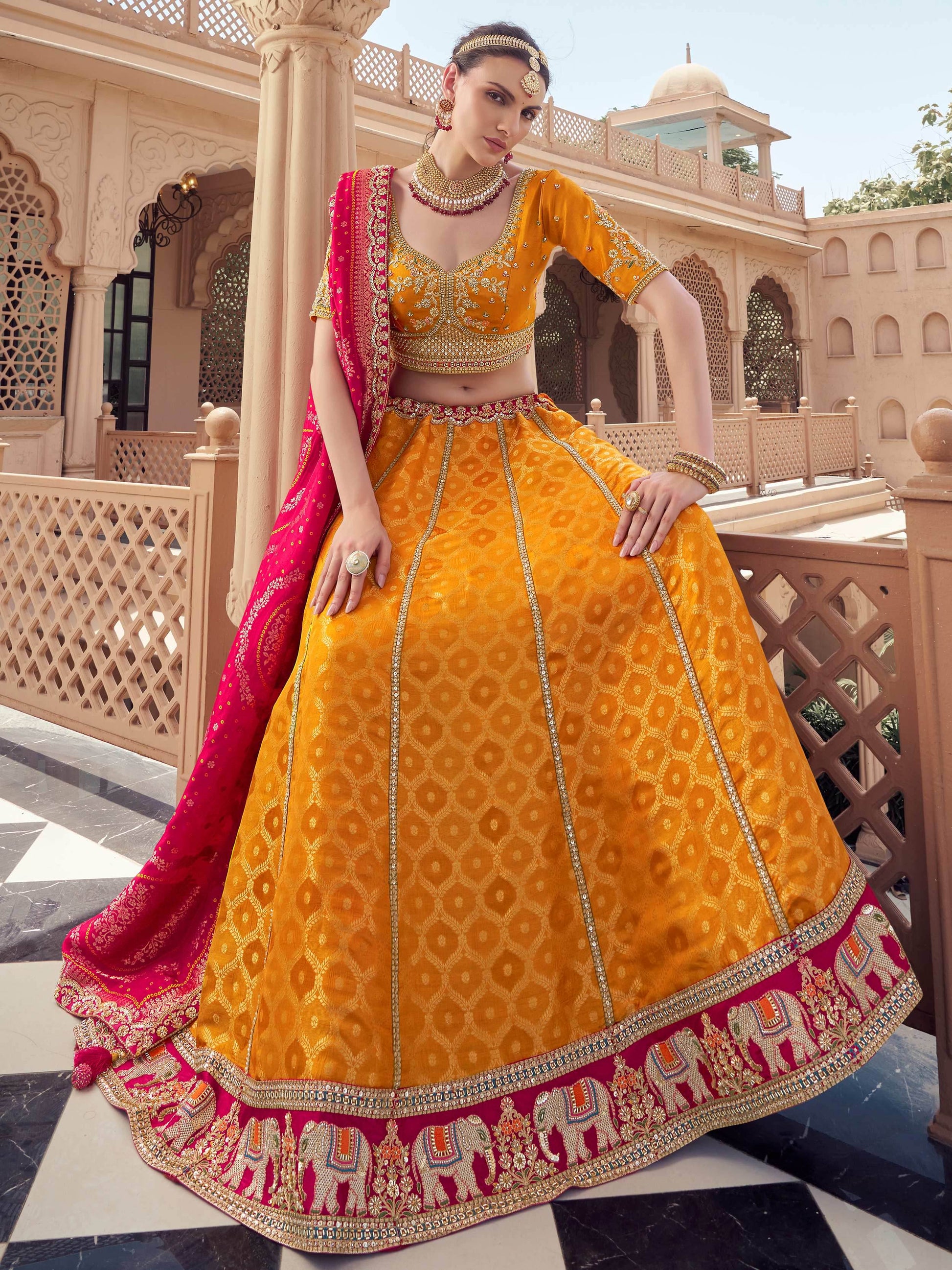 Royal Mustard Yellow Bead Work Tissue Designer Lehenga Choli With Dupatta