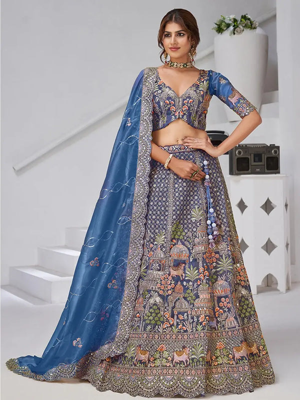 Charming Navy Blue Zari Embroidered Organza Engagement Wear Lehenga Choli