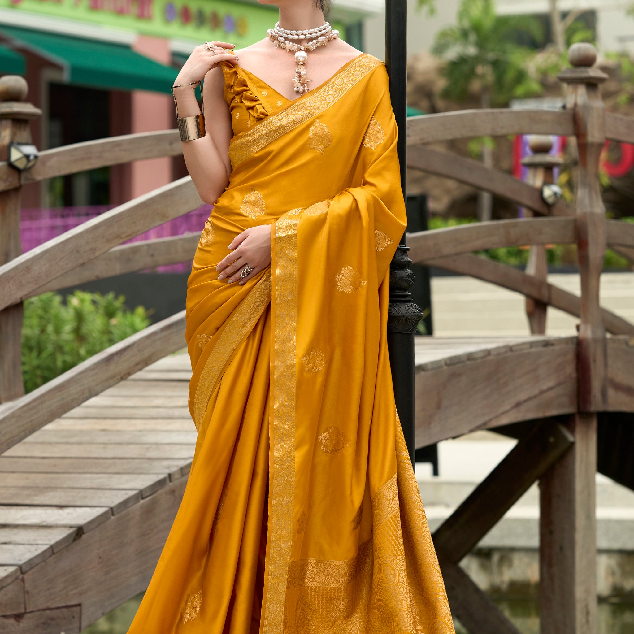 Gorgeous Yellow Zari Weaving Satin Haldi Wear Saree With Blouse