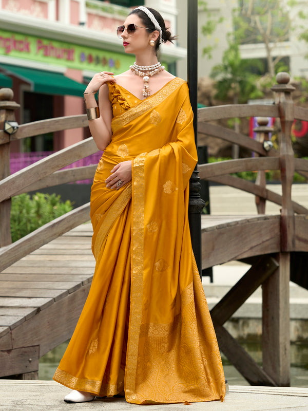 Gorgeous Yellow Zari Weaving Satin Haldi Wear Saree With Blouse