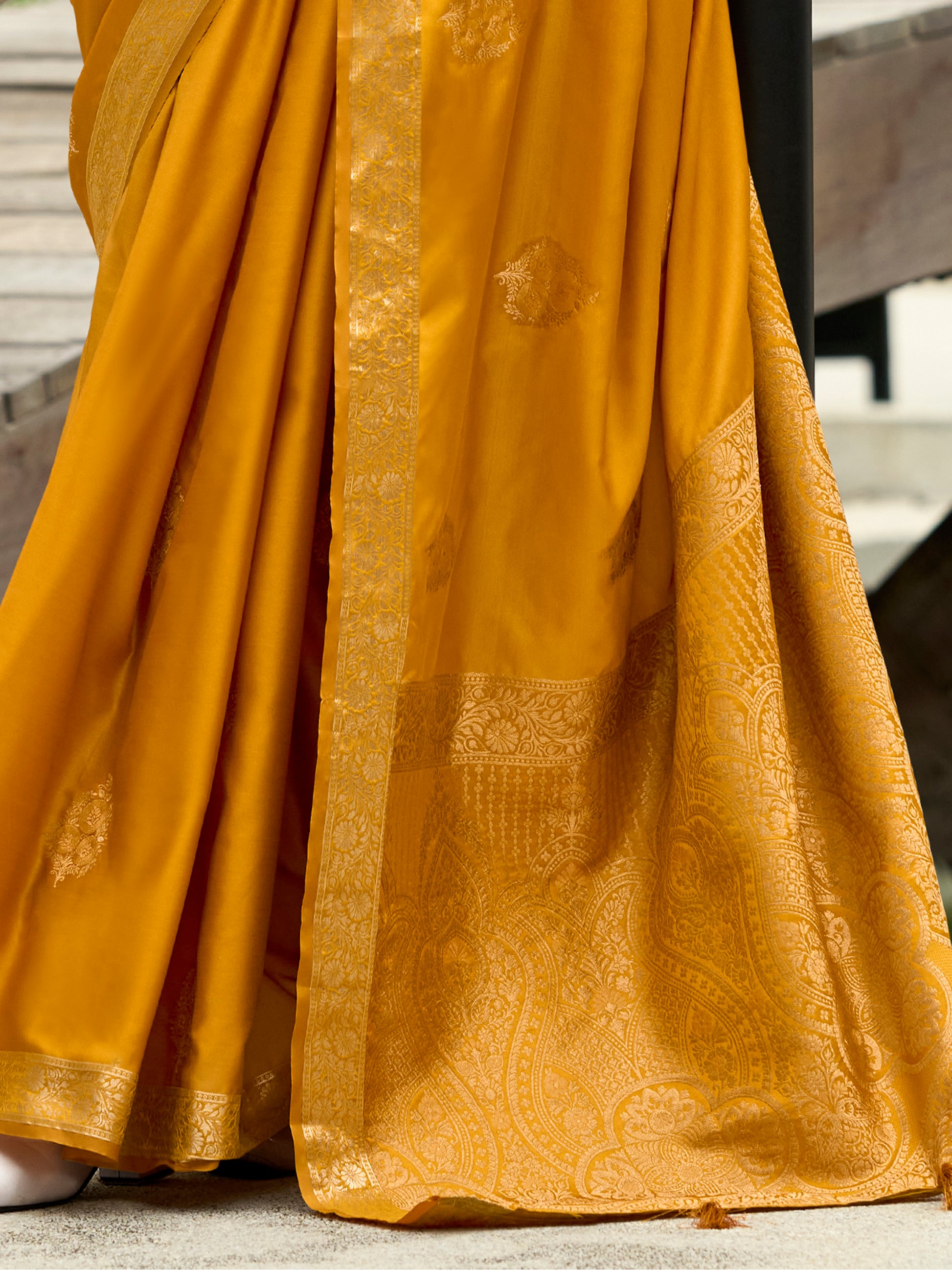 Gorgeous Yellow Zari Weaving Satin Haldi Wear Saree With Blouse
