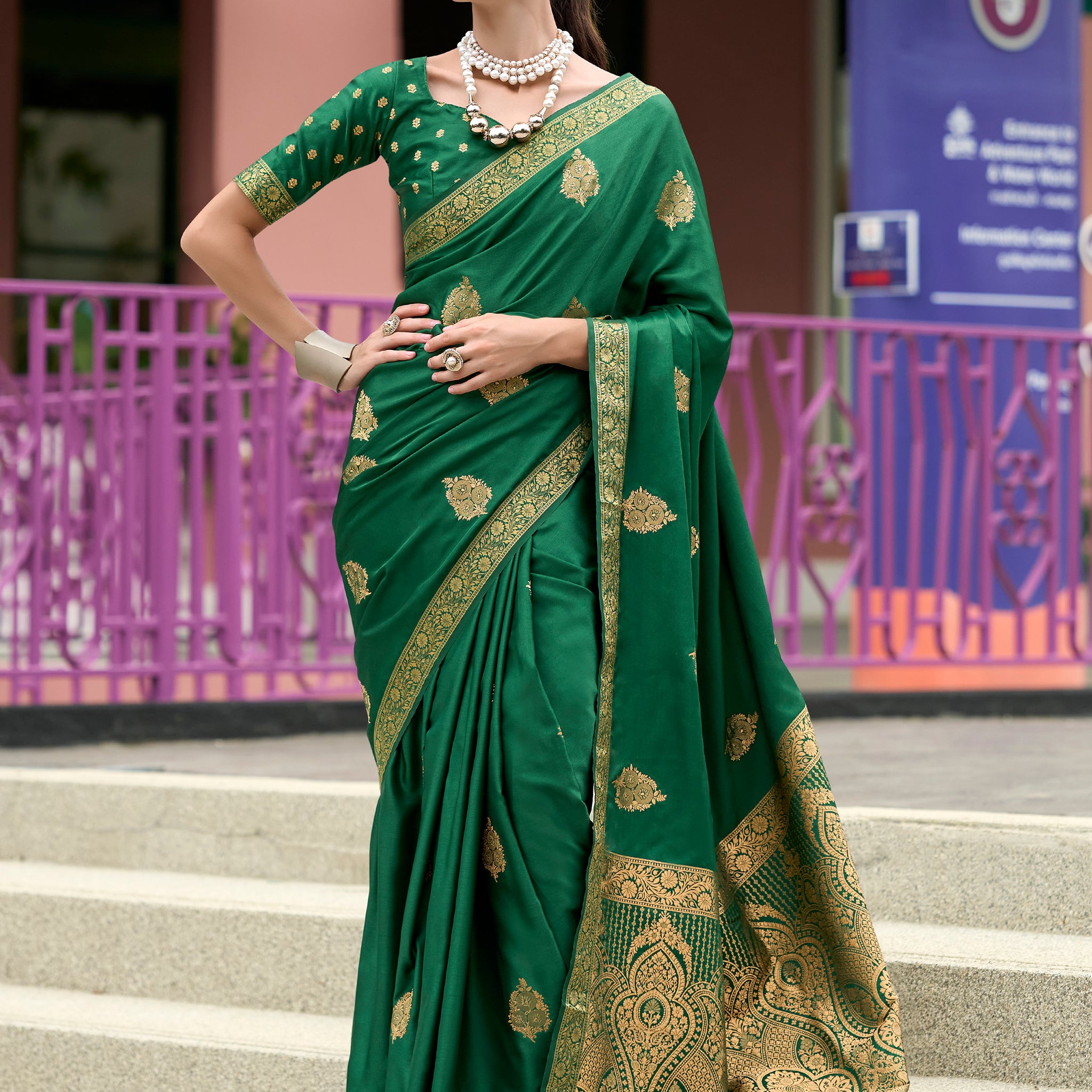 Captivating Green Zari Weaving Satin Mehendi Wear Saree With Blouse