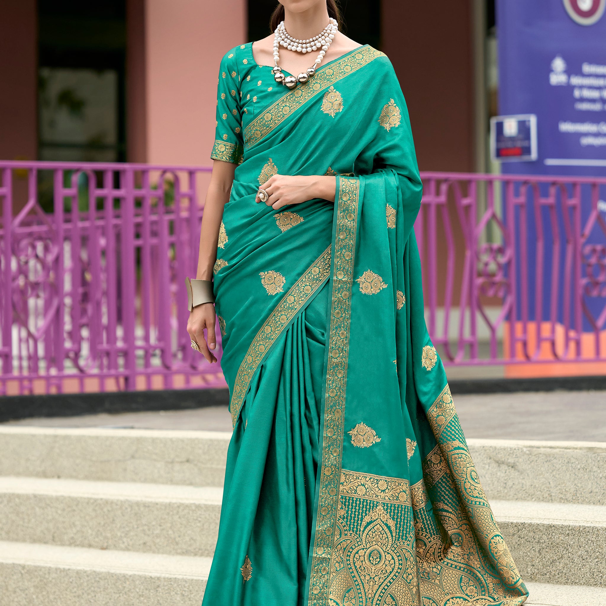 Stunning Teal Green Zari Weaving Satin Event Wear Saree With Blouse