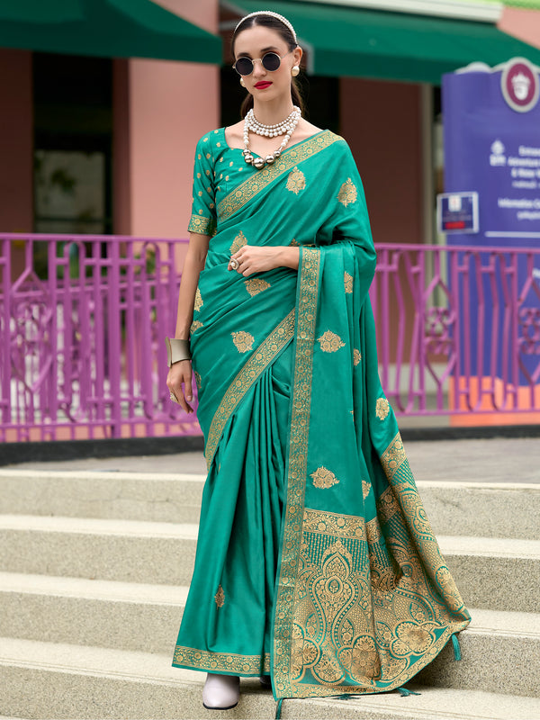 Stunning Teal Green Zari Weaving Satin Event Wear Saree With Blouse