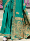 Stunning Teal Green Zari Weaving Satin Event Wear Saree With Blouse