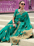 Stunning Teal Green Zari Weaving Satin Event Wear Saree With Blouse