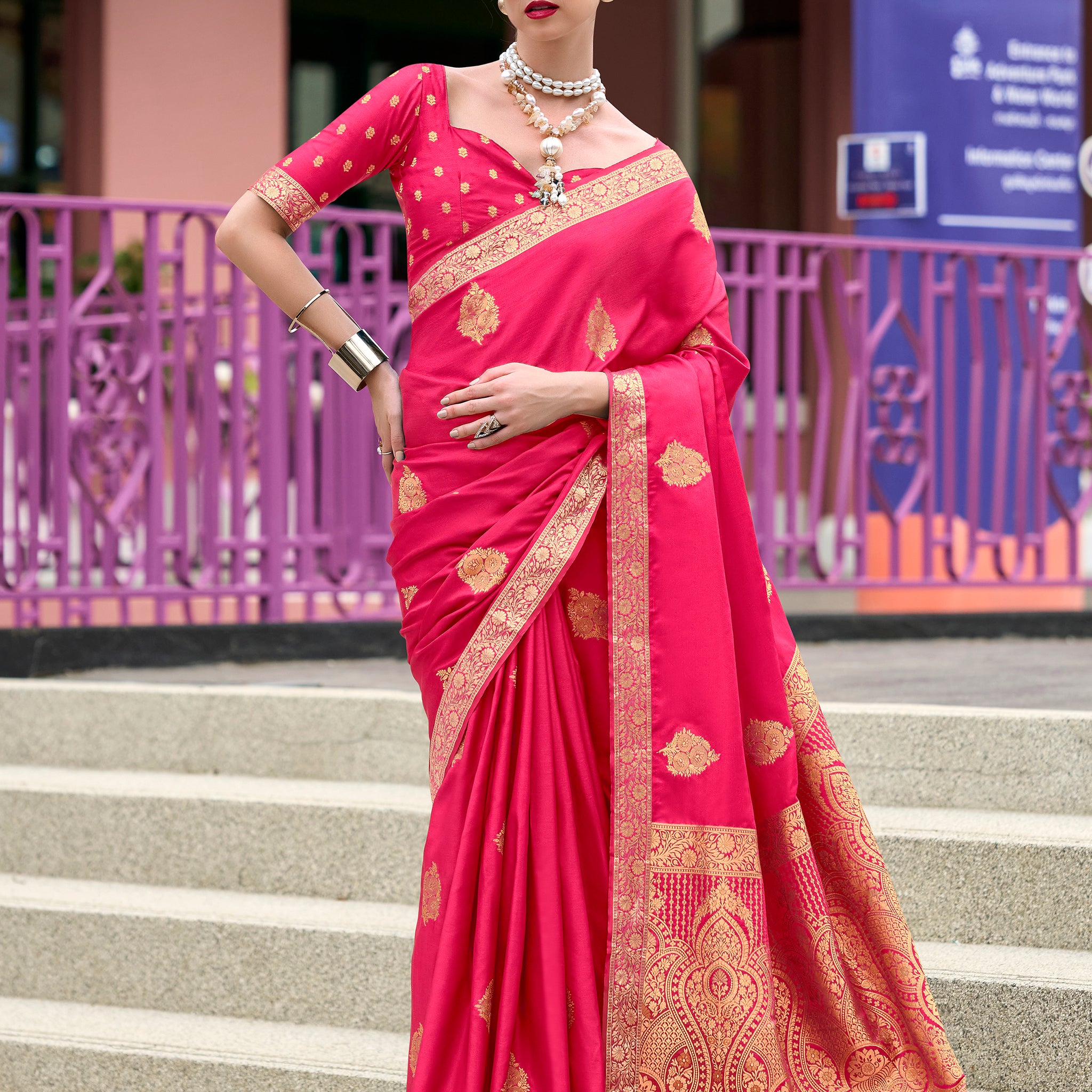 Enchanting Pink Zari Weaving Satin Traditional Saree With Blouse