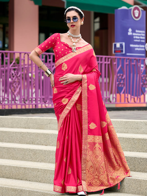 Enchanting Pink Zari Weaving Satin Traditional Saree With Blouse