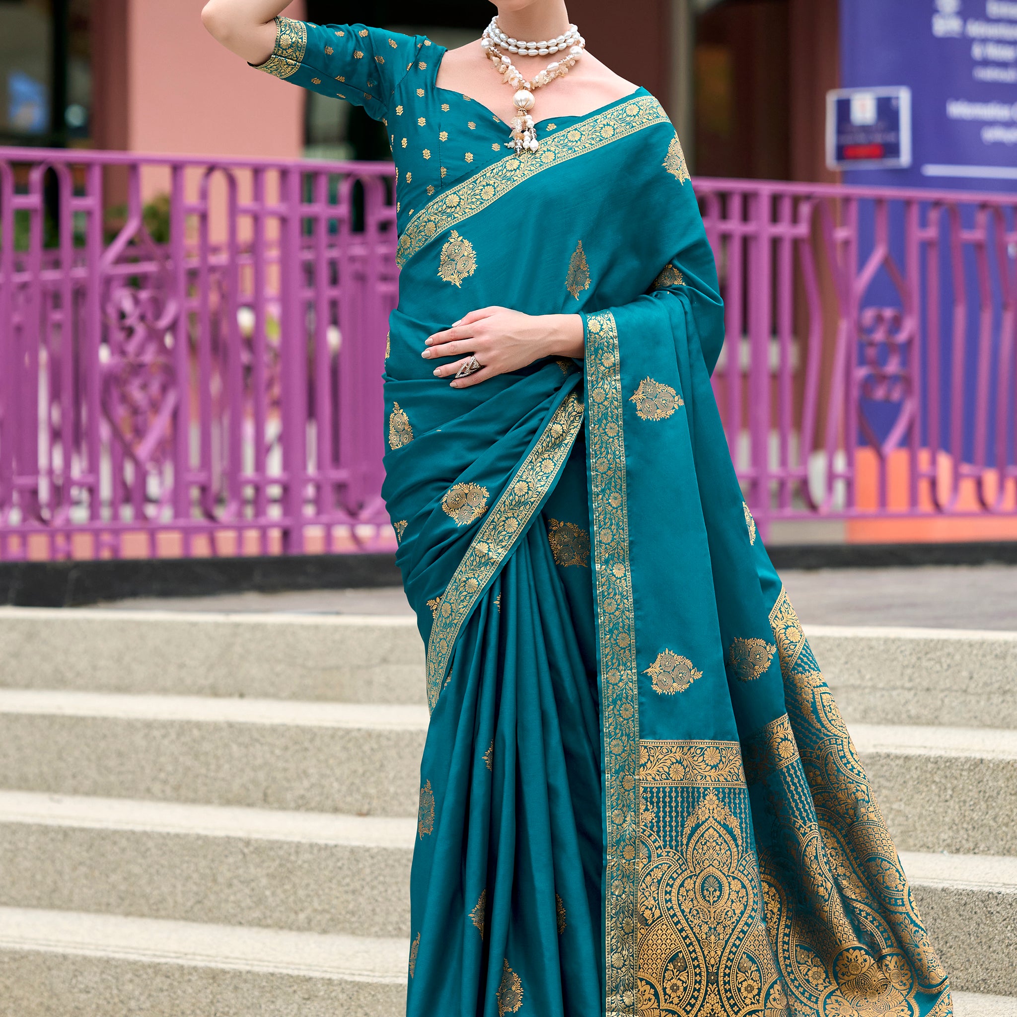Charming Teal Blue Zari Weaving Satin Festival Wear Saree With Blouse