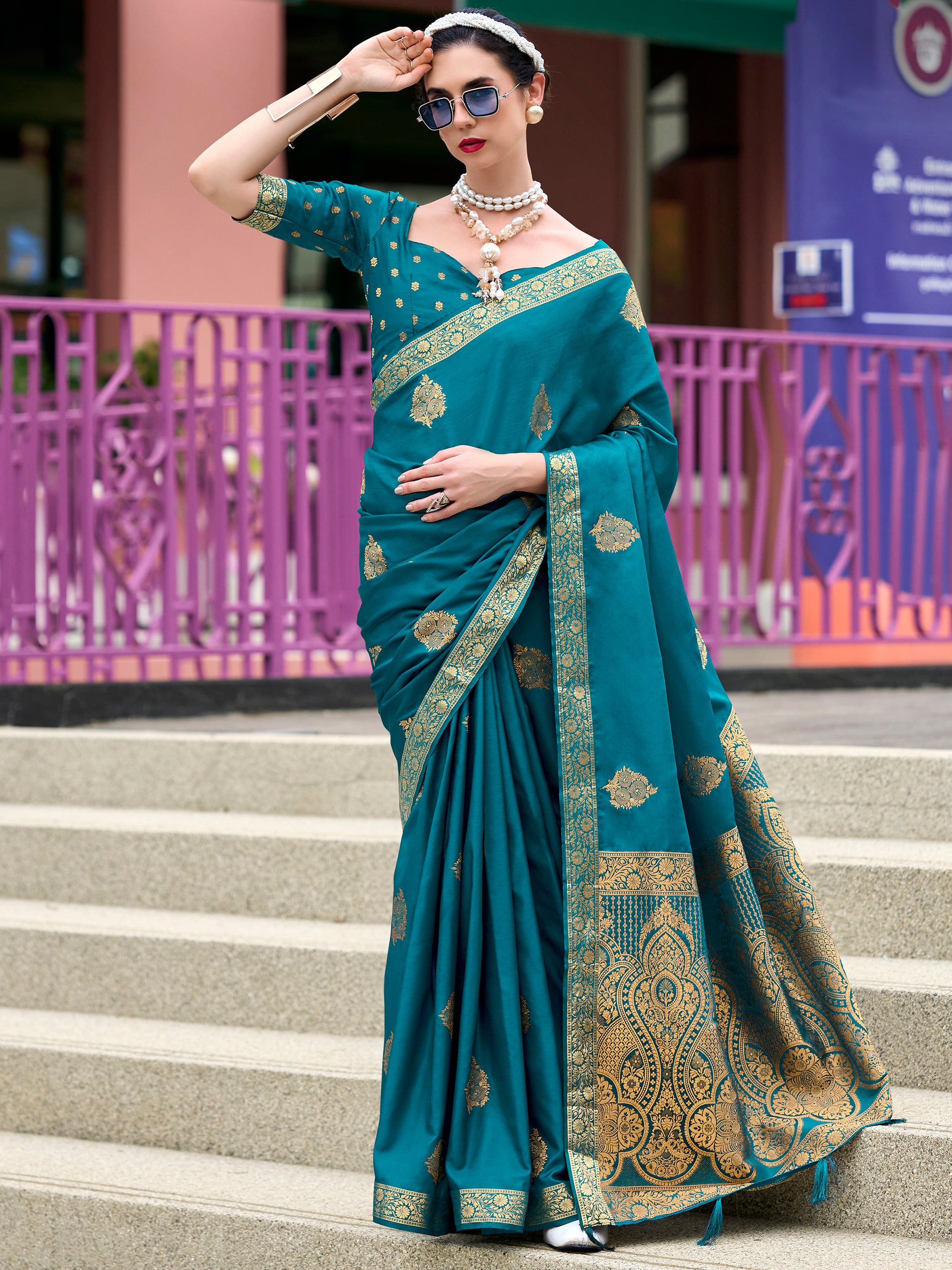 Charming Teal Blue Zari Weaving Satin Festival Wear Saree With Blouse