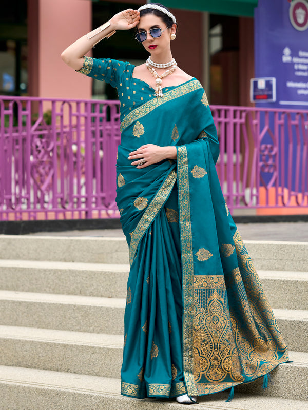 Charming Teal Blue Zari Weaving Satin Festival Wear Saree With Blouse