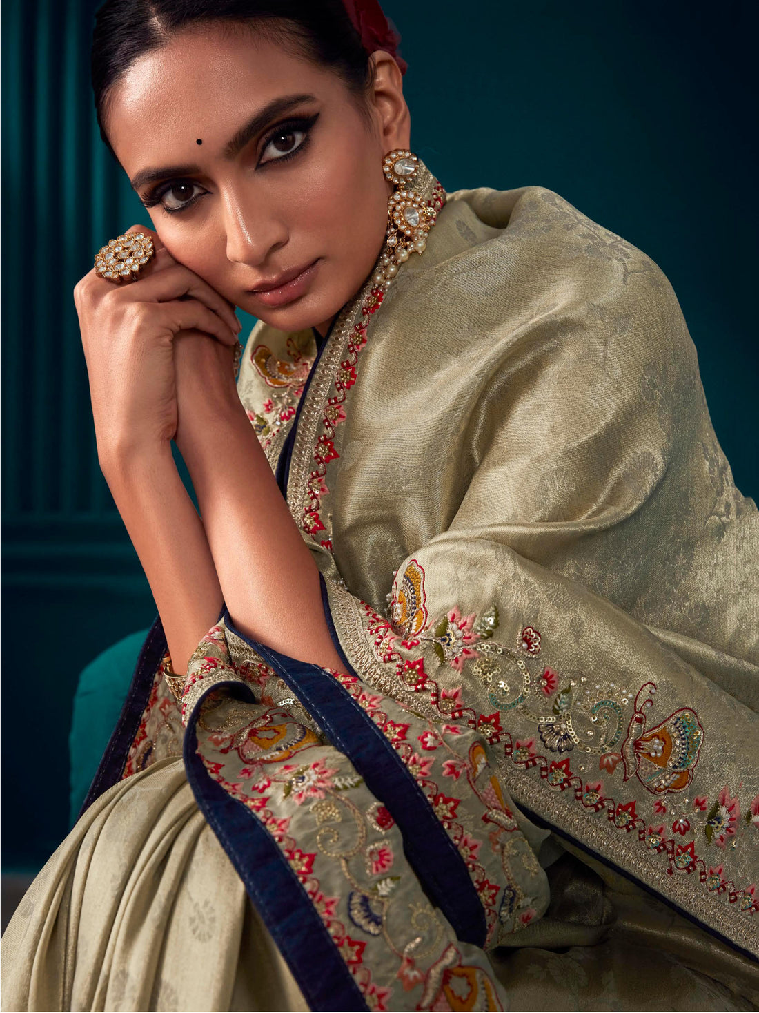 Fantastic Beige Embroidered Kanjivaram Silk Wedding Wear Saree