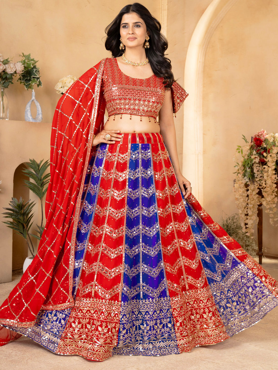 Amazing Red-Blue Sequins Georgette Festive Wear Lehenga Choli With Dupatta