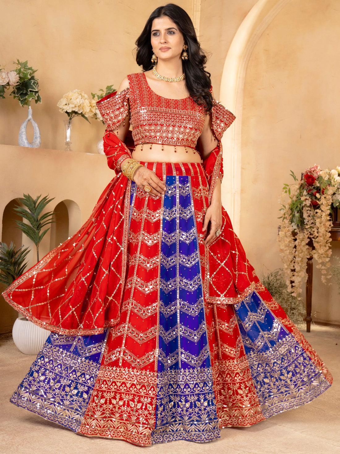 Amazing Red-Blue Sequins Georgette Festive Wear Lehenga Choli With Dupatta